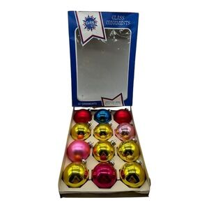 Box of 12 Vintage Glass Christmas Ornaments 2.5" Round Gold Pink Blue‎ Red